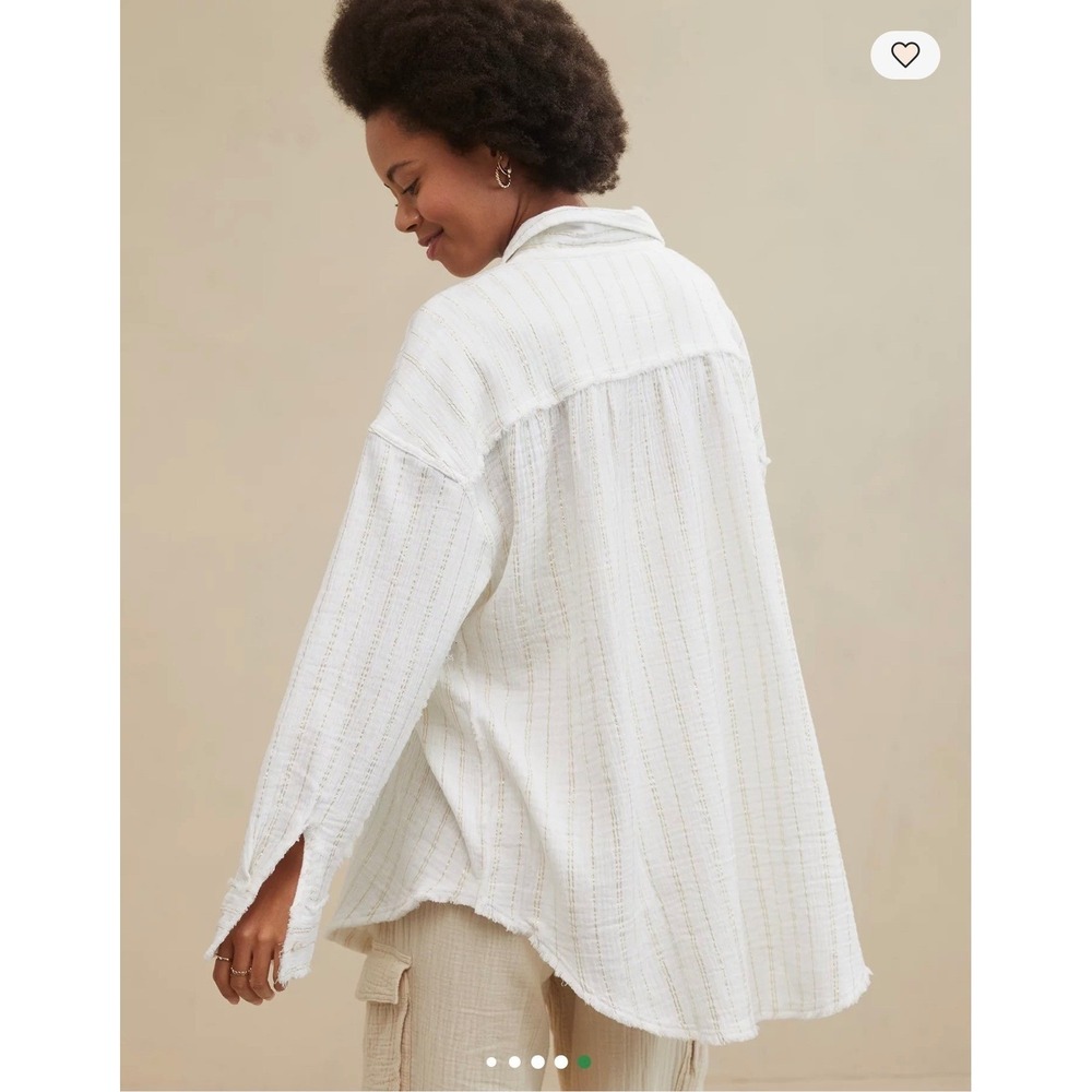 Aerie White Gold Metallic Striped Cotton Gauze Oversized Button Down Shirt L - Picture 2 of 8